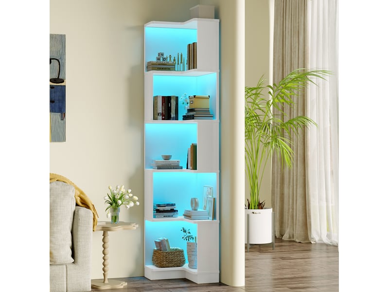  Bibliothèque d'angle 63,5x45x175 cm avec 5 niveaux, led, meuble de bureau et de salon, rangement intégré, mdf, blanc  - Conforama D