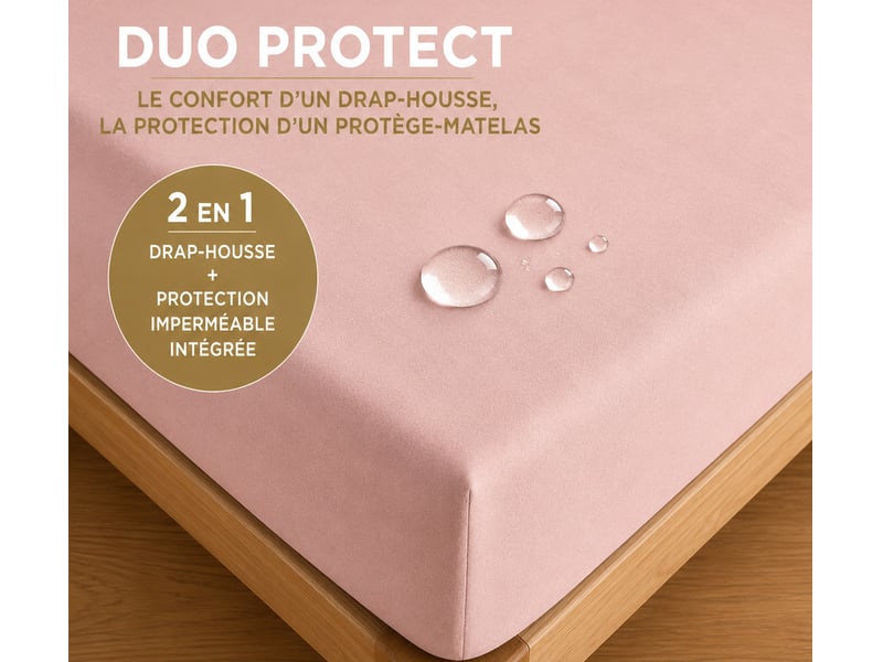  Drap housse 2 en 1 imperméable 90 x 190 cm coton 57 fils duo protect dragée CP-DHDUOPROTECT90-ROSEDRAGEE - Conforama B