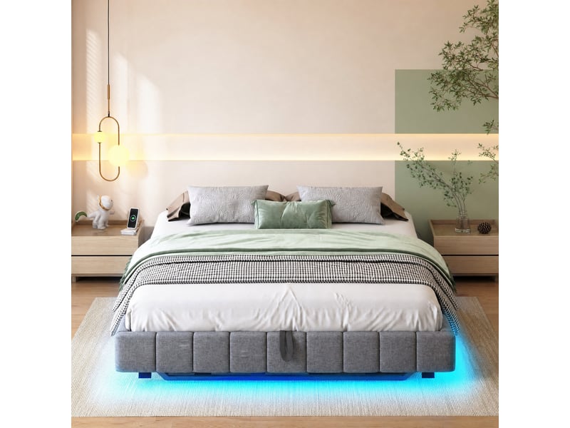  Lit coffre 160 x 200 cm gris sans tête de lit avec led  - Conforama B