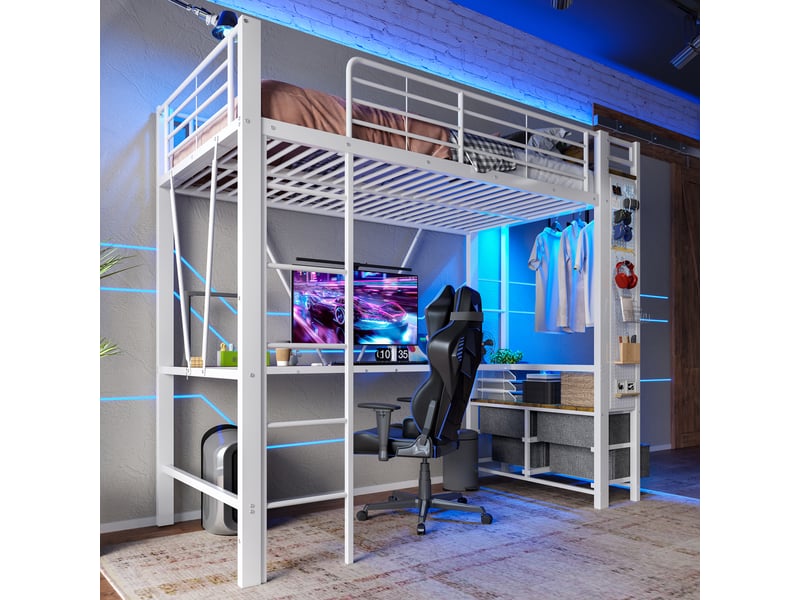  Lit mezzanine 90 x 200cm, structure métal, bureau, 4 tiroirs, étagères, led, usb type-c, sans matelas, blanc  - Conforama E