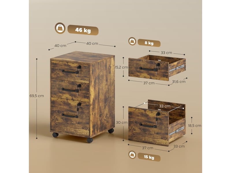  Caisson de bureau sur roulettes 3 tiroirs verrouillables marron 40 x 40 x 69,5 cm  - Conforama C