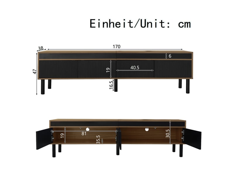  Meuble tv 170 cm avec 4 portes noir et bois naturel  - Conforama C
