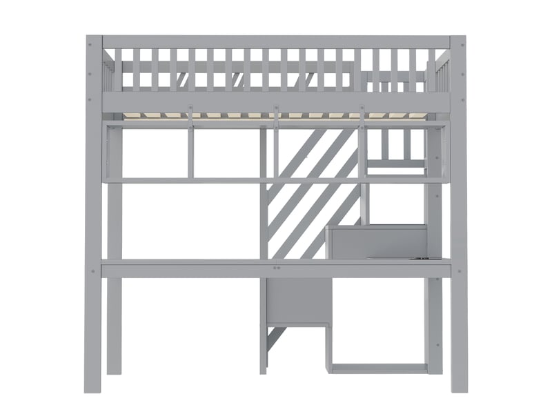  Lit mezzanine, lit simple avec escalier de rangement, bureau, prises et led, 90x200 cm, sans matelas, gris  - Conforama E