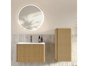 Ensemble meubles salle de bain suspendus avec miroir led antibuée - vasque et colonne mdf chêne