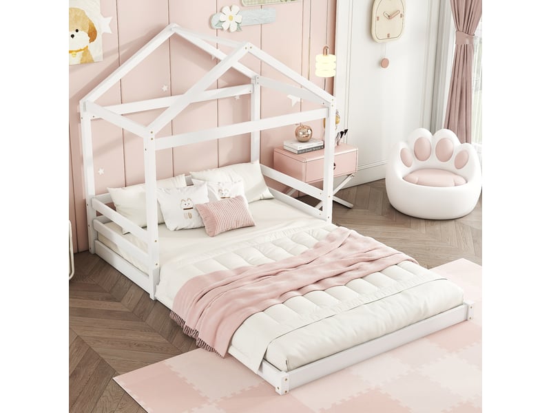  Lit cabane enfant 140 x 200 cm avec sommier à 7 lattes et barrières, pin et mdf, blanc Fay Lum - Conforama B