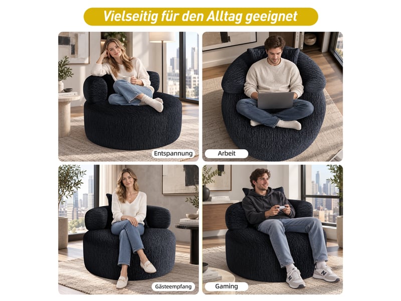  Pouf rond effet chenille noir 100 cm effet chenille avec coussin pour salon et chambre IKSETERA TRADING LTD - Conforama E
