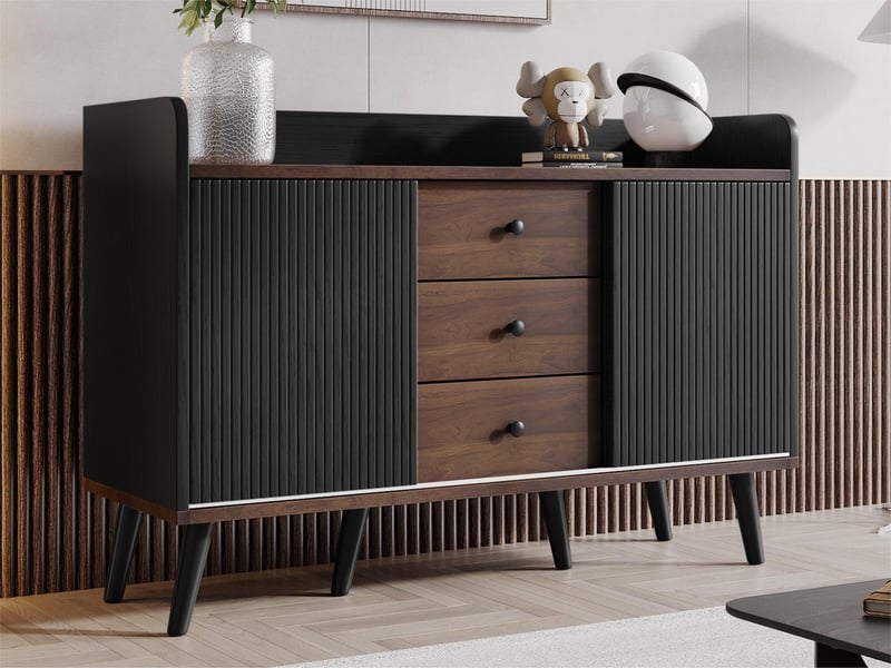 Buffet noir et bois avec 3 tiroirs et portes coulissantes rayées, meuble de rangement moderne pour salon, 117,5x40x80 cm - Conforama D