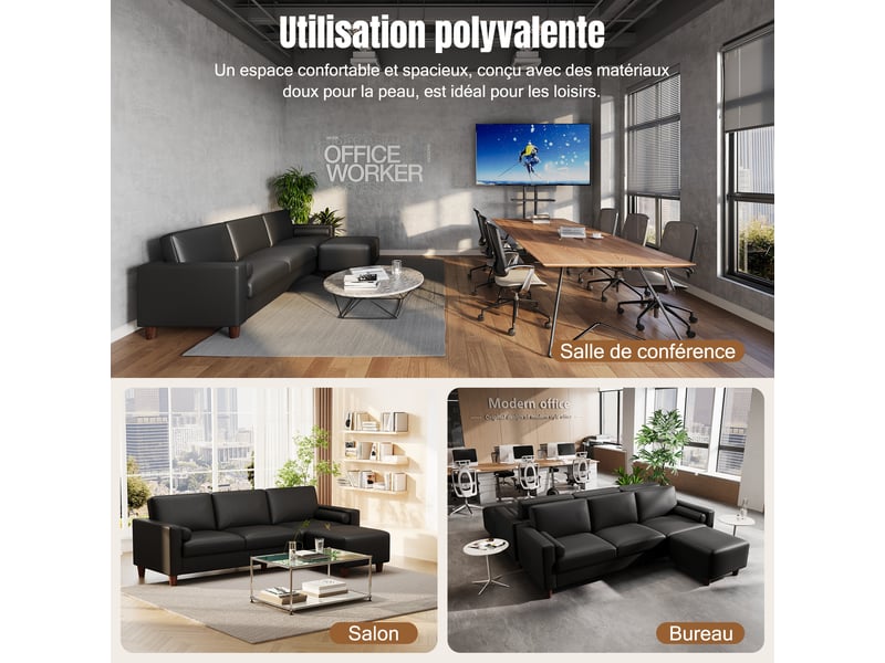 Canapé 3 places en cuir pu, 234 cm avec repose-pieds et 2 coussins, capacité 365kg, pieds bois massif 234x87x88 - Conforama W