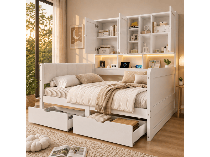  Lit enfant 90x200 avec rangement mdf blanc - tête rembourrée pu led usb  - Conforama W