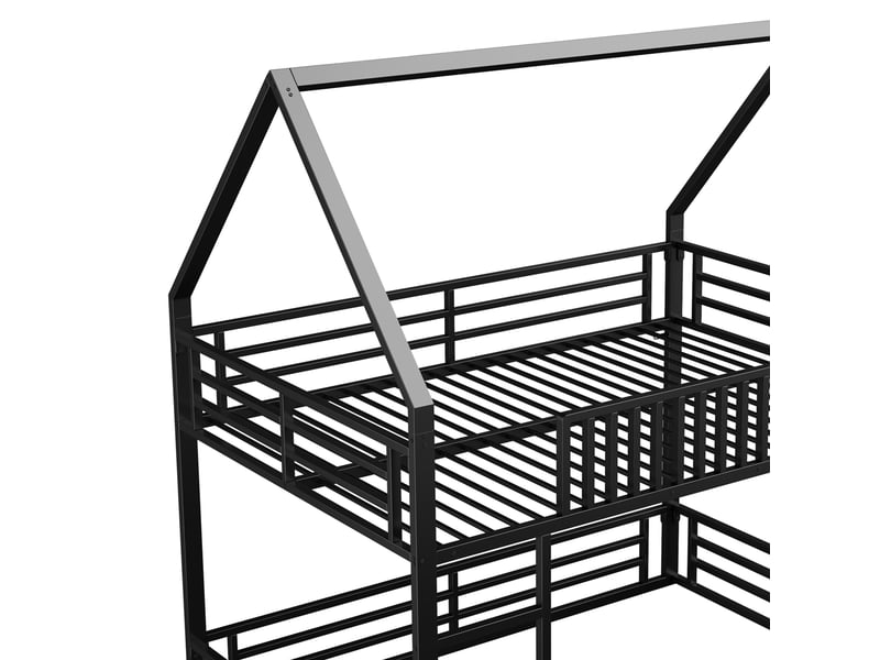  Lit superposé maison 140x200 cm noir, avec garde-corps, led 7 couleurs, structure métal, sommier inclus, sans matelas  - Conforama E
