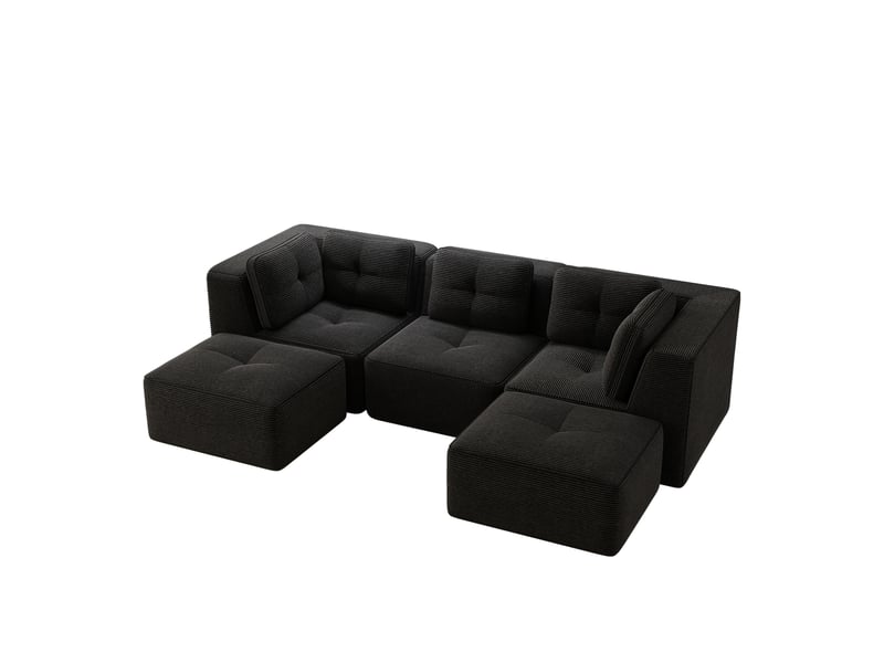 Canapé d'angle panoramique ulevr modulable 3 places, assise profonde 74 cm, velours côtelé noir, 297 x 177 x 69 cm  - Conforama A