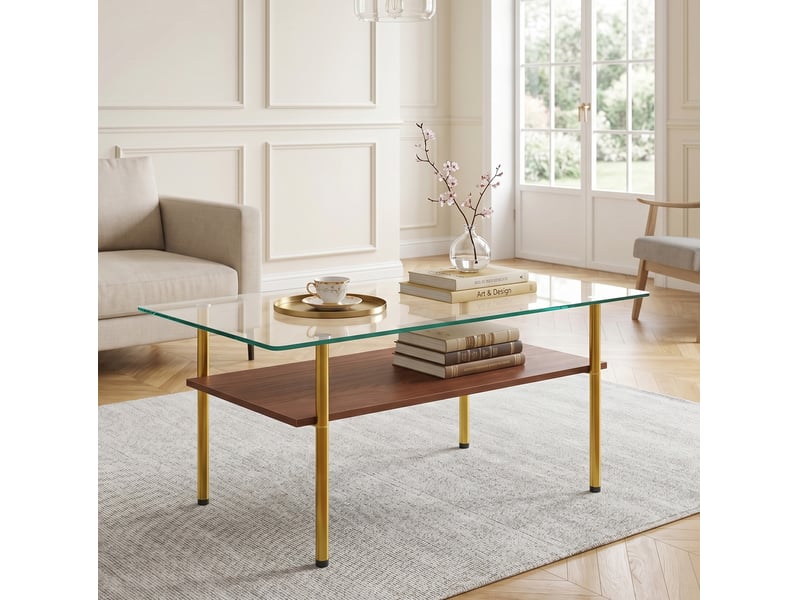 Table basse rectangulaire en verre trempé et mdf, piètement en métal doré, marron et doré, 98 x 58 x 45 cm - Conforama C