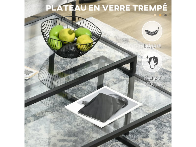  Lot de 2 tables basses gigognes tables de salon rectangulaires design en acier noir et plateaux en trempé verre  - Conforama E