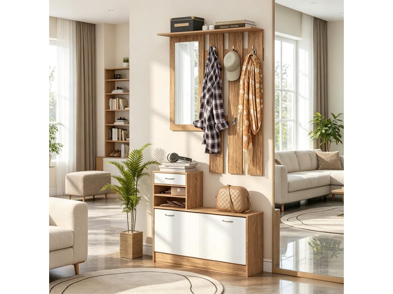  Penderie mobile - armoire de couloir avec panneau porte-manteaux, miroir, banc à chaussures, 6 patères et étagère réglable  - Conforama A
