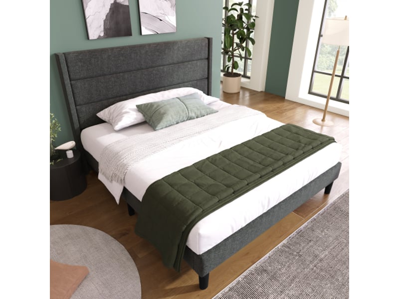  Lit rembourré double lin gris foncé 140x200 cm,tête matelassée 3 panneaux,sommier à lattes,210 x 146 x 111 cm,ado,sans matelas  - Conforama B