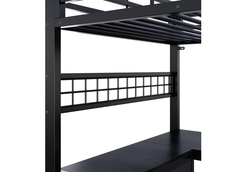  Lit mezzanine enfant 90 × 200 cm 1 place avec bureau, 3 tiroirs et led réglable, sans matelas, métal et mdf noir  - Conforama E