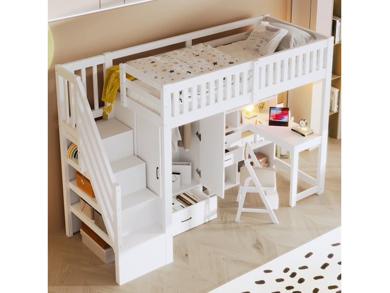  Lit mezzanine, 90x200 cm, rangement, tiroirs, avec armoire, avec bureau, matelas non inclus, bois et mdf, coloris blanc  - Conforama E