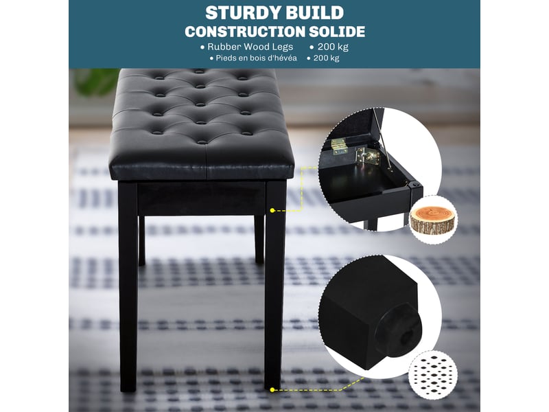  Banquette tabouret siège pour piano avec coffre de rangement pied bois caoutchouc assise capitonnée noir  - Conforama R
