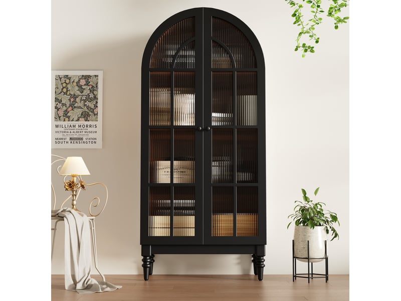  Armoire de rangement haute à portes vitrées arquées, mdf noir  - Conforama D