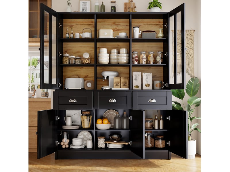 Vaisselier vitrine 140 x 38,5 x 175 cm avec 3 tiroirs, mdf et acrylique noir  - Conforama B