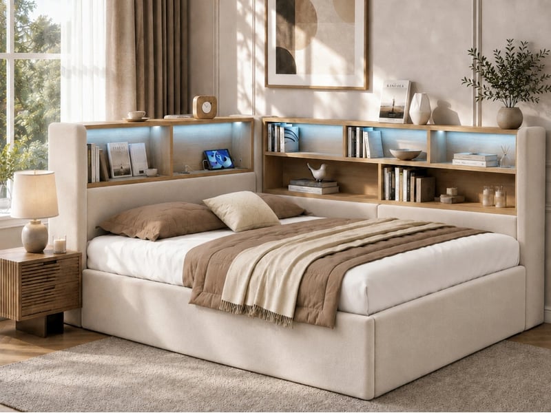Lit coffre 140 x 200 cm, lit rembourré, canapé-lit avec led, usb et dossier, velours, beige - Conforama B