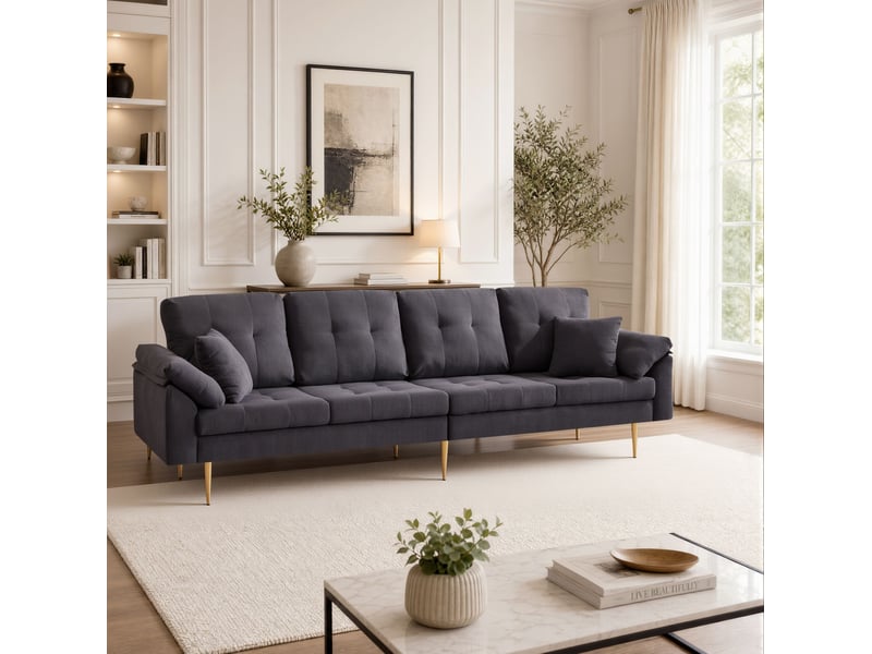  Canapé droit 4 places avec pouf modulable, assise profonde et pieds en fer, en velours côtelé gris foncé, 250 cm  - Conforama C