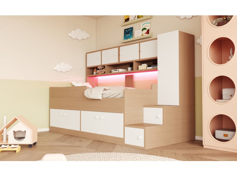  Lit enfant multifonction 90 x 200 cm - gain de place avec rangements intégrés, penderie, étagères et éclairage led  - Conforama R