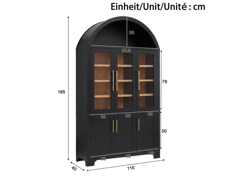  Vitrine haut 110x40x185 cm à 6 portes avec niche arquée, noir  - Conforama C
