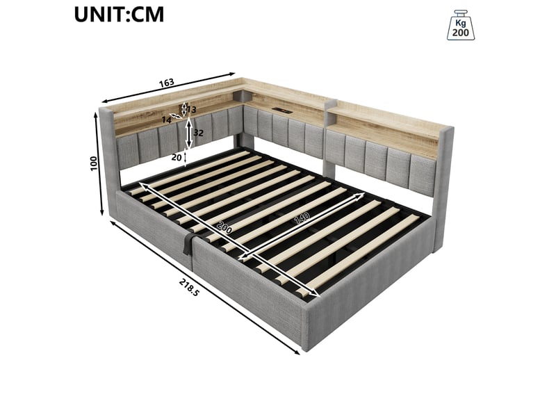  Lit coffre hydraulique 140x200 cm avec led, usb-a et usb-c et tête réversible, velours gris, sans matelas  - Conforama C