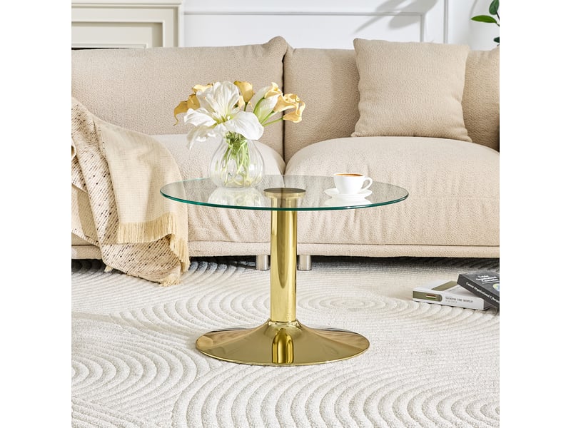 Table basse ronde en verre, structure en métal doré, diamètre de 70 cm, table de salon moderne avec plateau en verre trempé.  - Conforama W