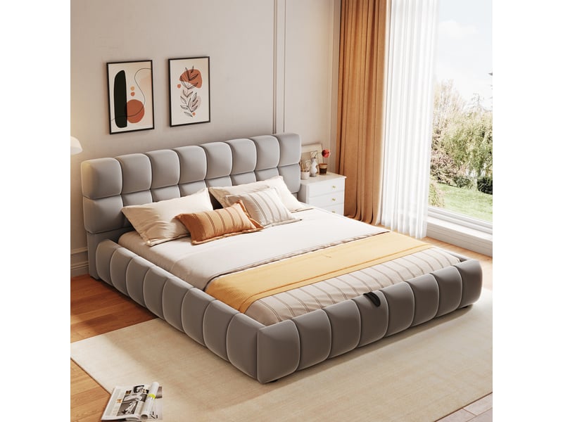 Lit coffre rembourré 140x200 cm avec rangement hydraulique, tête de lit épaisse, sommier à lattes, cadre enveloppant, velours - gris - Conforama C
