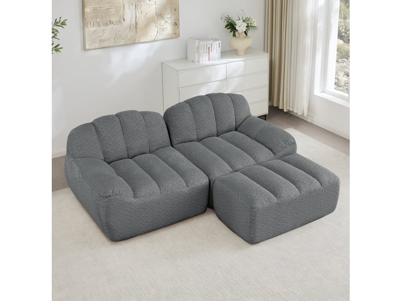  Canapé d'angle modulaire 2 places avec ottoman en tissu bouclette gris  - Conforama C