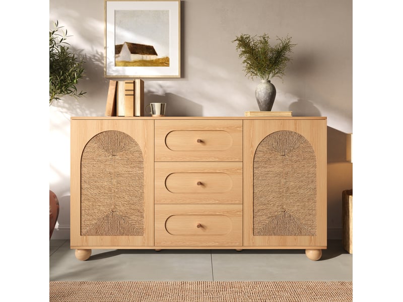 Buffet 2 portes tressées et 3 tiroirs avec étagères pour entrée, salon et salle à manger naturel 140 × 40 × 80 cm - Conforama D