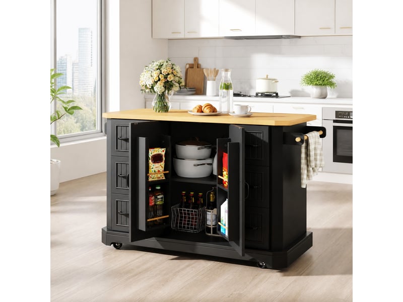  Îlot de cuisine avec 2 portes, 6 tiroirs et 5 roulettes - lpospi - avec freins et rangements - mdf et métal - noir  - Conforama C
