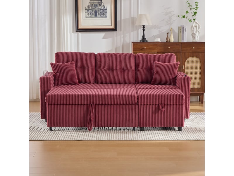 Canapé convertible 3 places salon confortable avec fonction couchage, éclairage led et port usb-c, rangement et porte-gobelet en velours côtelé rouge - Conforama C