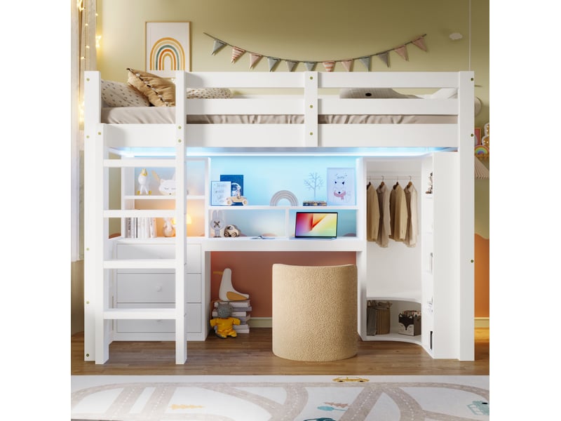 Lit mezzanine enfant 90x200 cm, led, armoire, bureau, tiroirs et compartiments de rangement, pin blanc, sans matelas - Conforama B