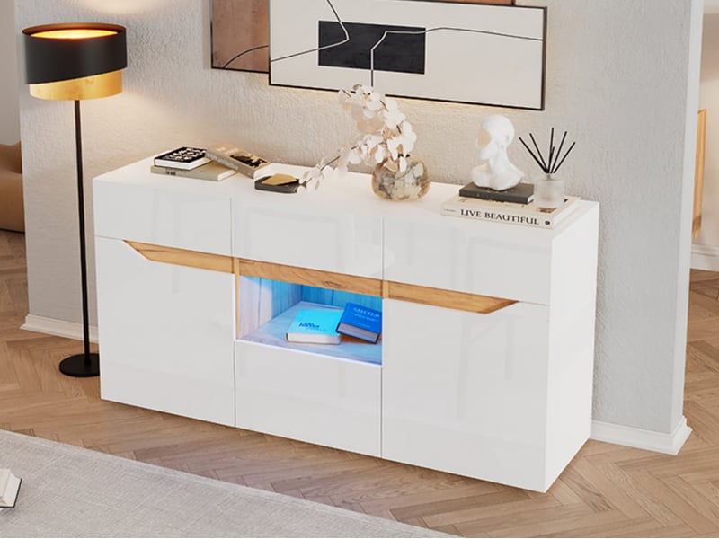 Buffet, 140x40x70 cm, armoire de rangement avec 2 portes et 4 tiroirs, éclairage led, blanc - Conforama B