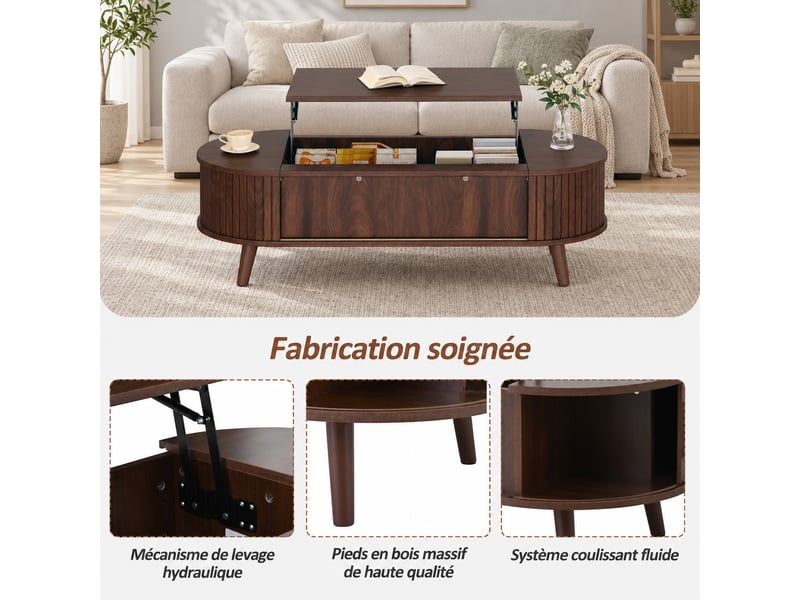 Table basse relevable 120 x 50 cm noyer en mdf, hauteur 39,5 à 53,5 cm, rangement caché et 4 pieds en bois  - Conforama D