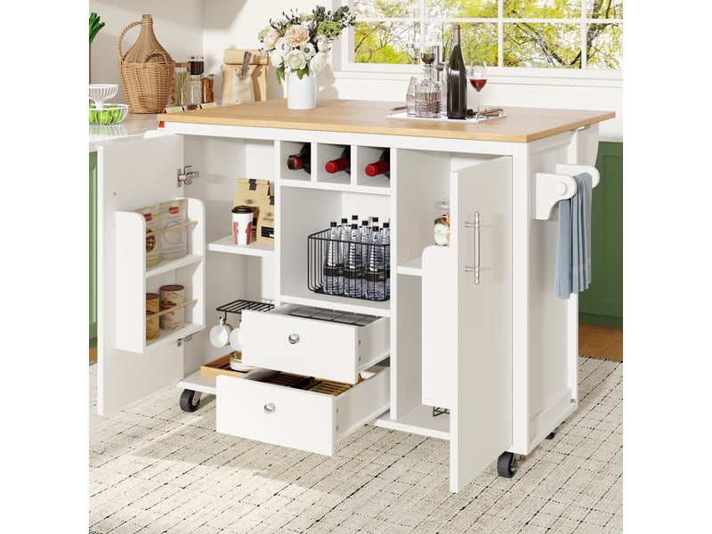 Desserte cuisine, îlot central sur roulettes avec plan de travail, plateau extensible, pivotant à 360°, dimensions 137,9 x 73 x 92,5 cm, mdf, blanc - Conforama D