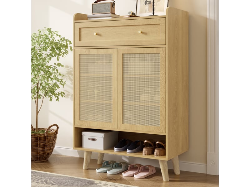 Meuble à chaussures en rotin 80 x 105 x 35 cm - avec 2 portes, 1 tiroir et des étagères de rangement - mdf et bois - chêne clair - Conforama D
