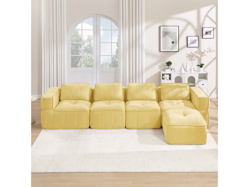  Canapé d'angle modulable 4 places modenvie avec pouf, design sans cadre, 344 x 162 x 67 cm, mousse 32d haute densité, tissu polyester jaune  - Conforama B