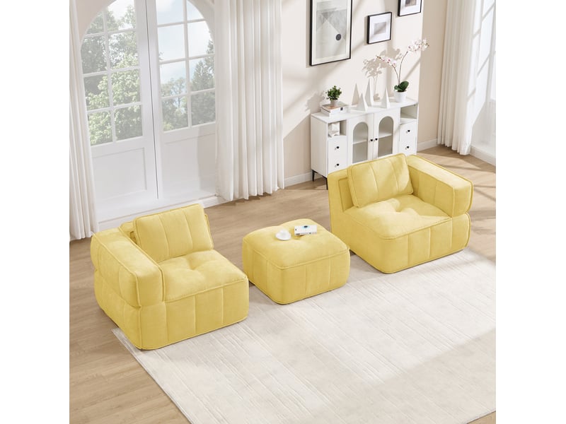  Canapé modulaire d’angle 2 places 198x93x67cm, sans cadre, mousse haute densité, assise profonde, polyester, jaune  - Conforama B