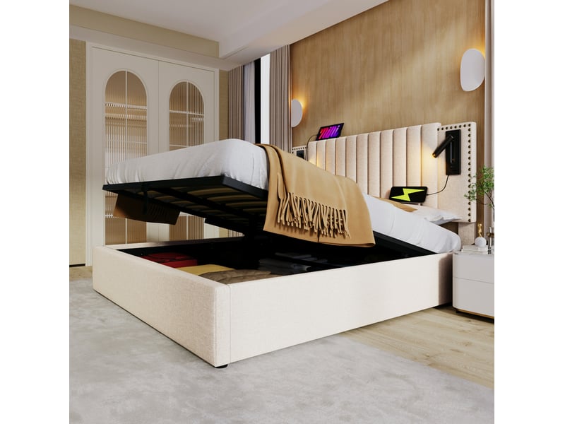  Lit double 140 x 200 cm avec rangement, tête de lit réglable, liseuses et ports usb, beige  - Conforama E