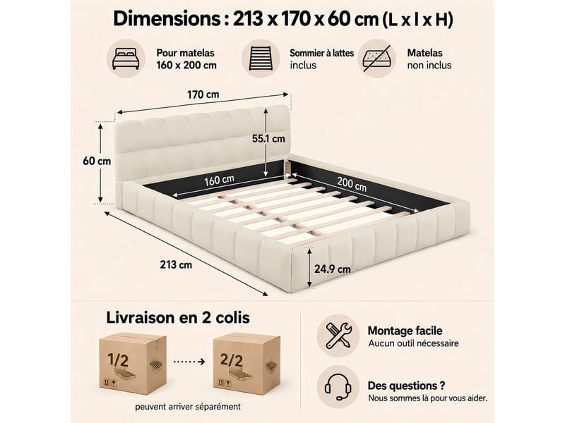 Kefsr lit capitonné 160x200 cm - cadre de lit double rembourré en tissu coton-lin beige avec sommier à lattes et tête de lit matelassée design moderne - Conforama C