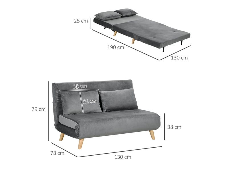  Canapé convertible 2 places ulevr avec dossier réglable 6 positions, couchage 130 x 190 cm, polyester gris, sans accoudoirs  - Conforama C