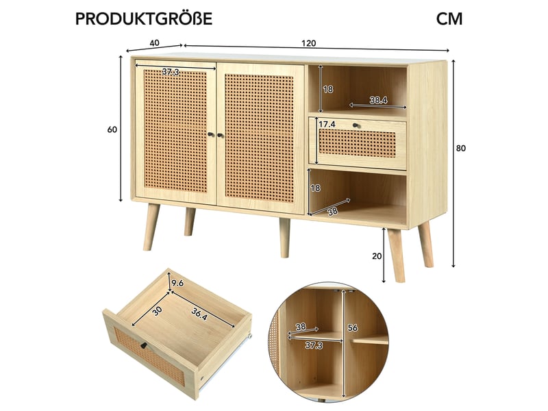 Buffet enfilade 120x40x80cm rangement gain de place | style bohème cannage en rotin | charge max 70kg montage facile - chêne clair - Conforama D