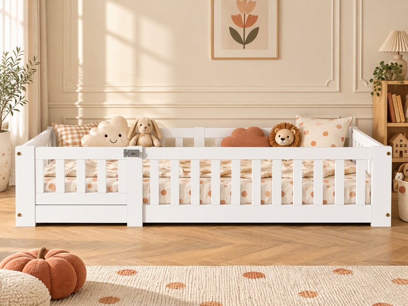 Lit montessori au sol en pin massif pour enfant, lit enfant 80x160 cm avec 30cm garde-corps de sécurité - peinture à base d’eau écologique - sommier à lattes inclus - style scandinave, lit bas pour chambre d’enfant - Conforama B