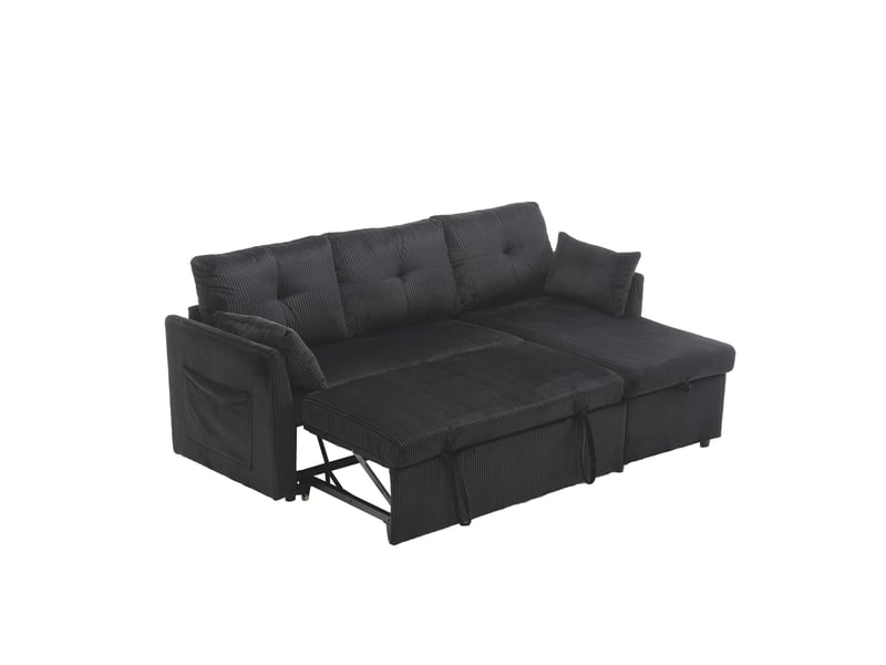  Canapé d'angle convertible modenvie 3 places modulaire avec coffre, chaise longue réversible, velours côtelé noir, 206 x 108 x 66 cm  - Conforama A