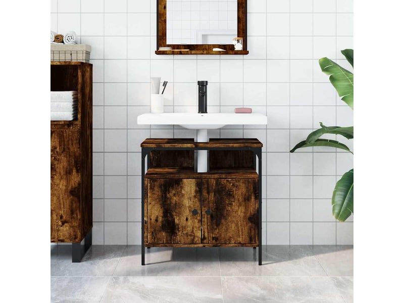  Armoire lavabo salle de bain, meuble de rangement chêne fumé 60x30x60 cm shl926  - Conforama C