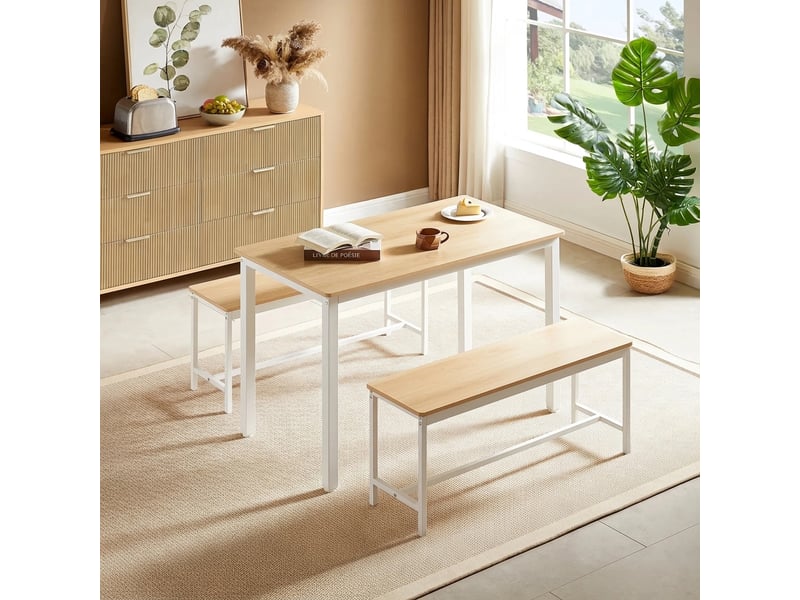  Ensemble table à manger 110x60 cm et 2 bancs, 4 personnes, style industriel naturel et blanc  - Conforama B